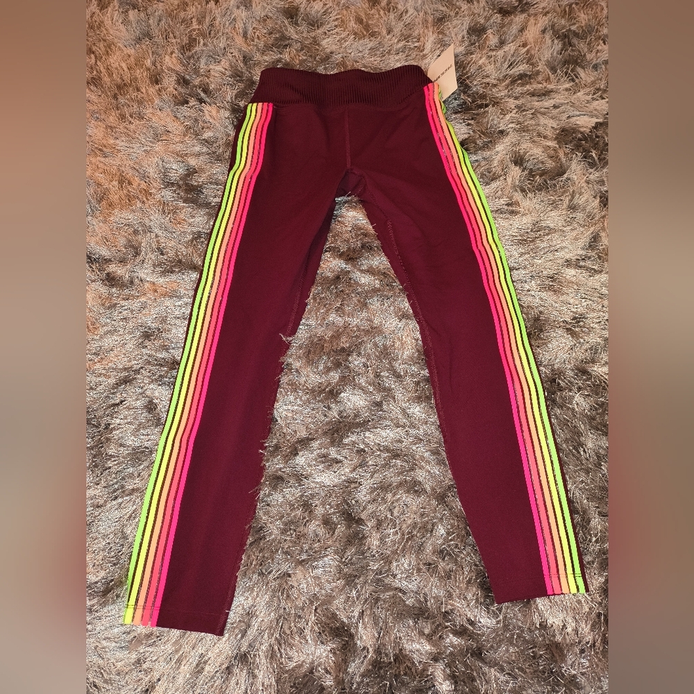 PINK Victoria's Secret Burgundy Leggings with Neon Stripes